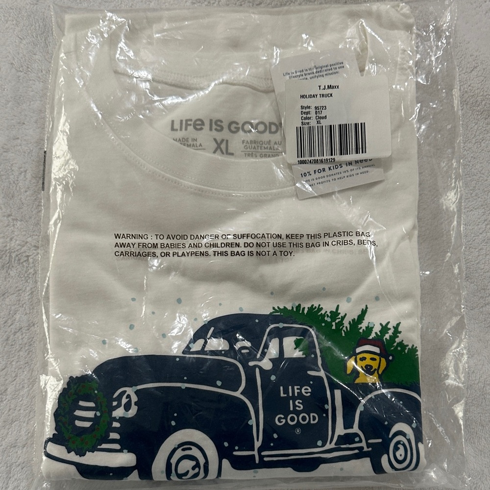Life Is Good White T-Shirt with Holiday Truck Design